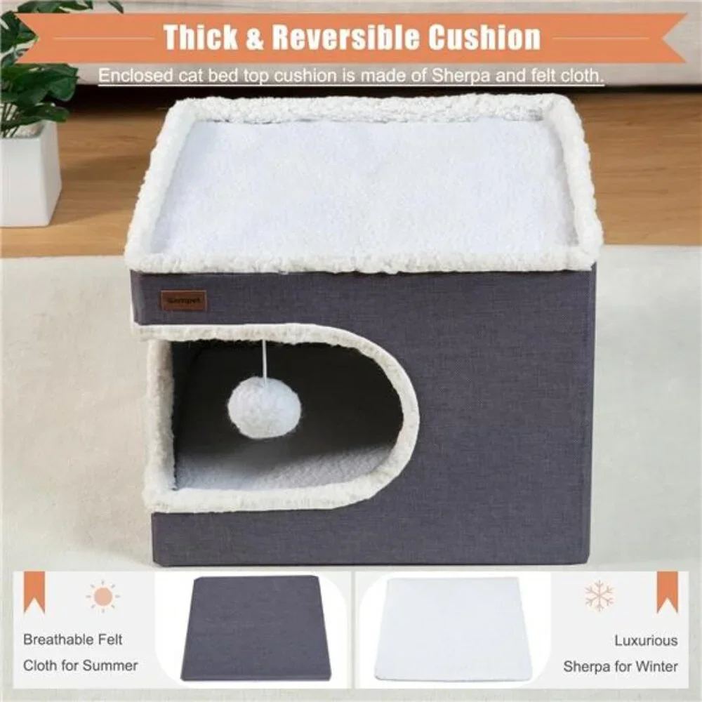 Cat bed cube house covered cat cave condo with scratch pad hideaway dark grey
